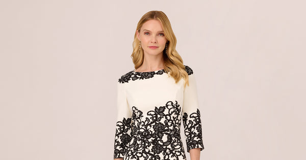 Scroll Lace Midi Dress With Three Quarter Sleeves In Ivory Black