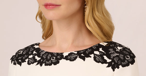 Scroll Lace Midi Dress With Three Quarter Sleeves In Ivory Black