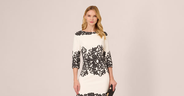 Scroll Lace Midi Dress With Three Quarter Sleeves In Ivory Black