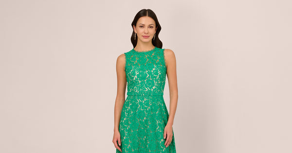 Sleeveless Lace Fit And Flare Dress With Sheer Details In Botanic