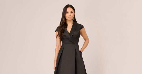 Cap Sleeve Mikado Midi Dress With High Low Skirt In Black