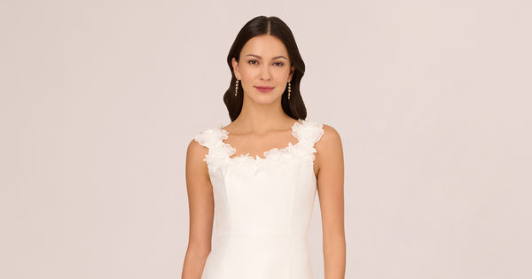 Sleeveless Mikado Cocktail Dress With Flower Trim Neck In Ivory