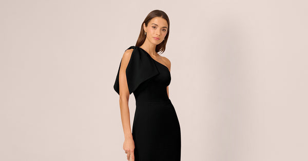 One Shoulder Midi Dress With Bow Accent In Black | Adrianna Papell