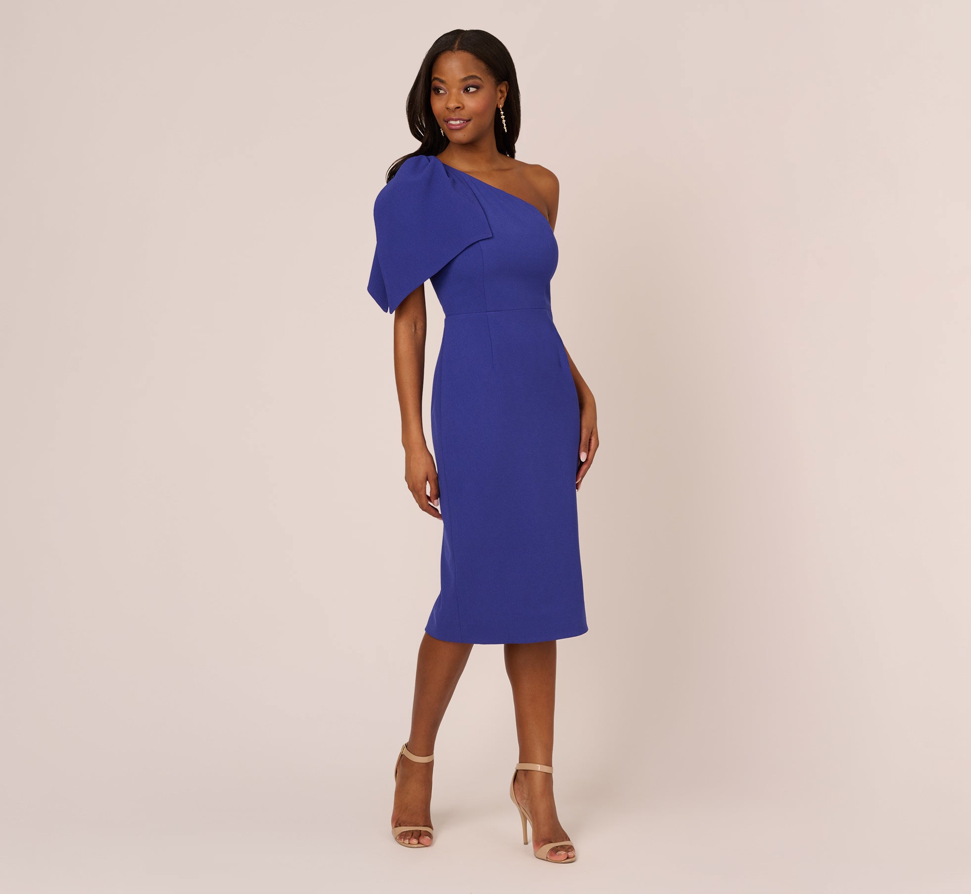 One Shoulder Midi Dress With Bow Accent In Disco Indigo – Adrianna Papell