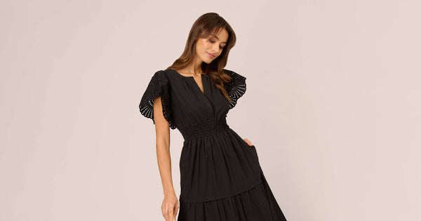 Eyelet Maxi Dress With Scalloped Short Sleeves In Black Adrianna