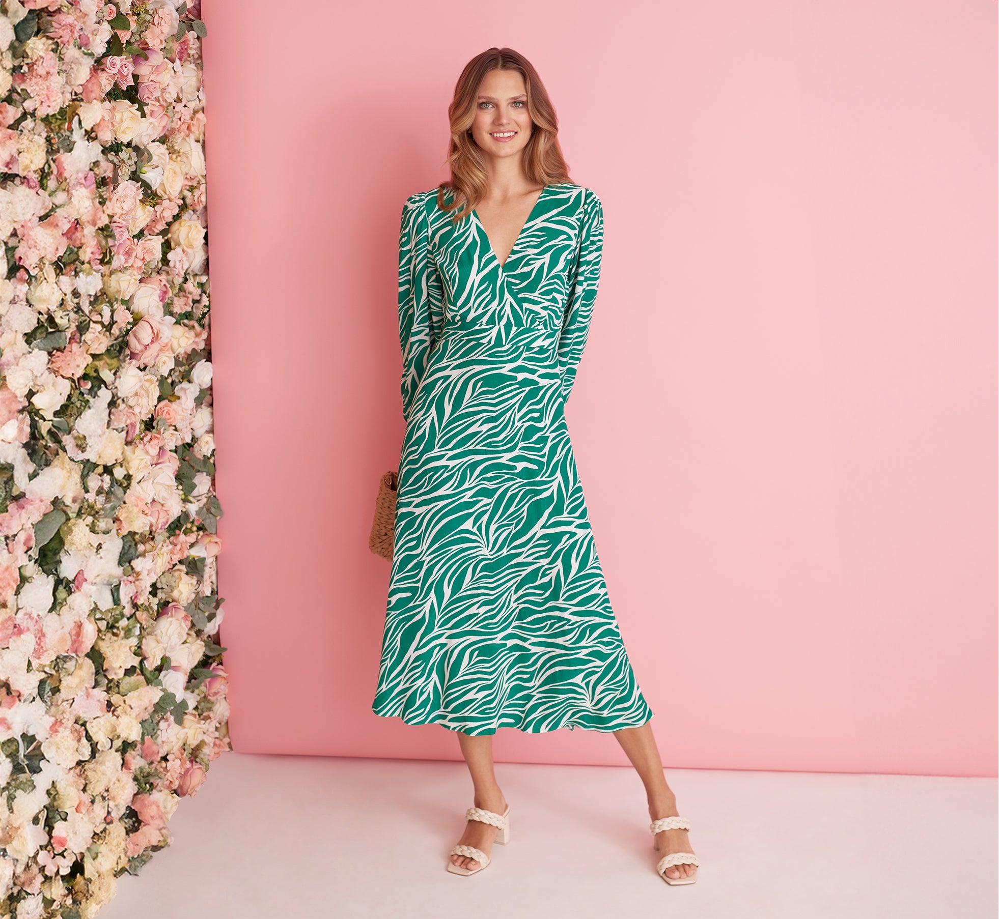 Printed Faux Wrap Dress With Bishop Long Sleeves In Green Ivory – Adrianna  Papell