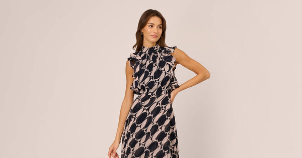 Sleeveless Printed Maxi Dress With Ruffle Trim In Navy Blush