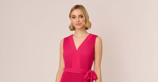 Sleeveless Pleated Dress With Self Tie Waist In Hot Pink