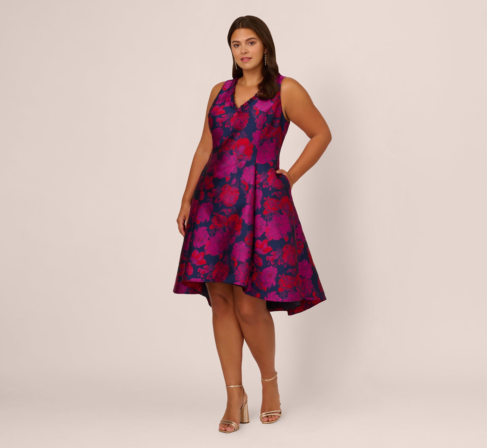 Plus Size Sleeveless Floral Jacquard Midi Dress With High Low Skirt In Adrianna Papell