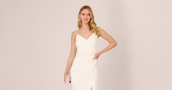 Draped Matte Jersey Gown With Deep Slit And Spaghetti Straps In