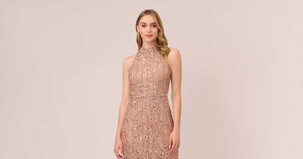 Beaded Column Gown With Mock Neckline In Rose Gold Adrianna