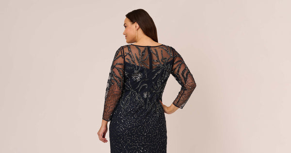 Plus Size Floral Beaded Dress With Sheer Long Sleeves In Midnight