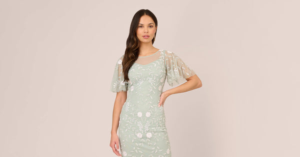 Floral Beaded Dress With Sheer Flutter Sleeves In Icy Sage Ivory