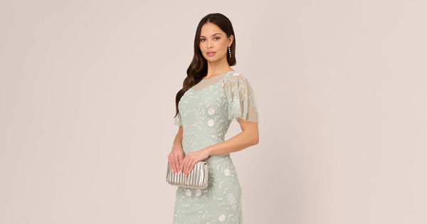 Floral Beaded Dress With Sheer Flutter Sleeves In Icy Sage Ivory