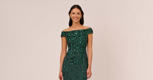 Off The Shoulder Sequin Beaded Gown In Lead