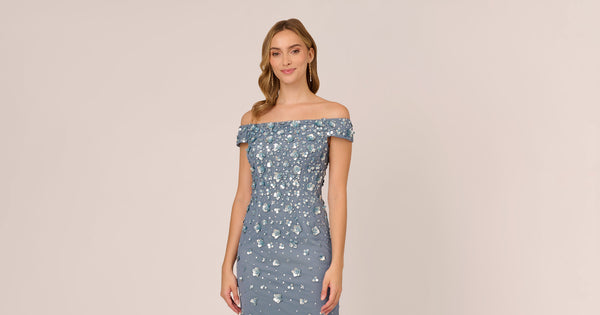 Off Shoulder Dress With Floral Embellishment In Vintage Blue