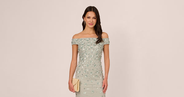 Off Shoulder Dress With Floral Embellishment In Frosted Sage