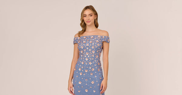 Off Shoulder Dress With Floral Embellishment In French Blue Coral