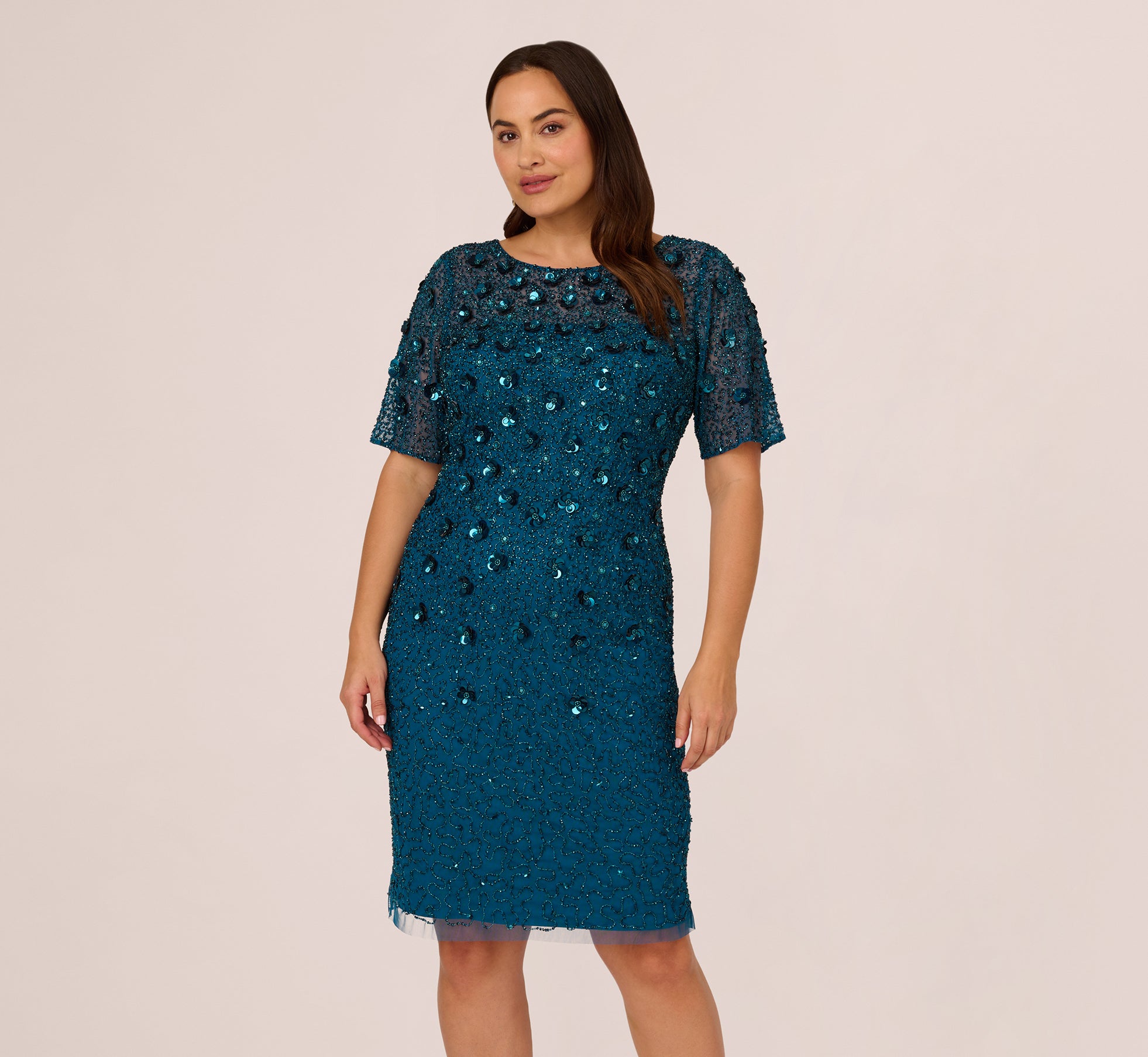 Plus Size Beaded Cocktail Dress In Teal Sapphire – Adrianna Papell