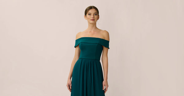 Off The Shoulder Crepe Chiffon Gown With Soft Skirt In Hunter