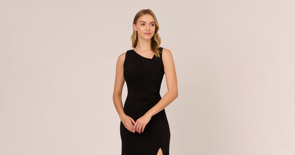 Hand Sequined Ruched Long Jersey Gown In Black Adrianna Papell