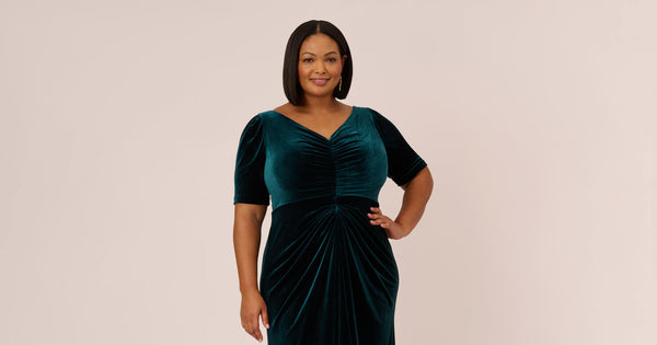 Plus Size Shirred Velvet Gown With Elbow Length Sleeves In