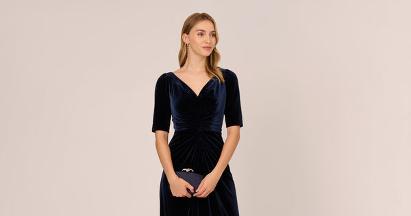 Shirred Velvet Gown With Elbow Length Sleeves In Midnight