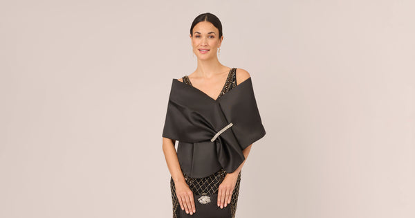 Mikado Wrap With Stone Embellished Pin In Black Adrianna Papell