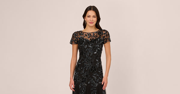 Hand Beaded Short Sleeve Floral Godet Gown In Black Gunmetal