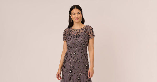 Hand Beaded Short Sleeve Floral Godet Gown In Moonscape Adrianna