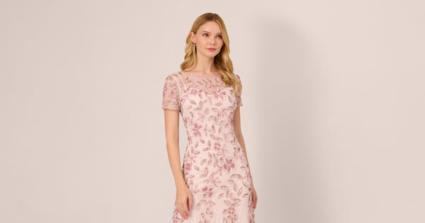 Hand Beaded Short Sleeve Floral Godet Gown In Blush Pink