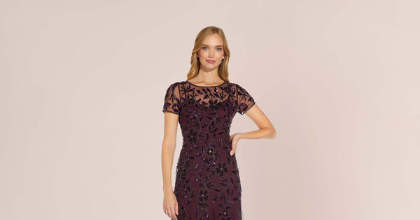 Hand Beaded Short Sleeve Floral Godet Gown In Night Plum