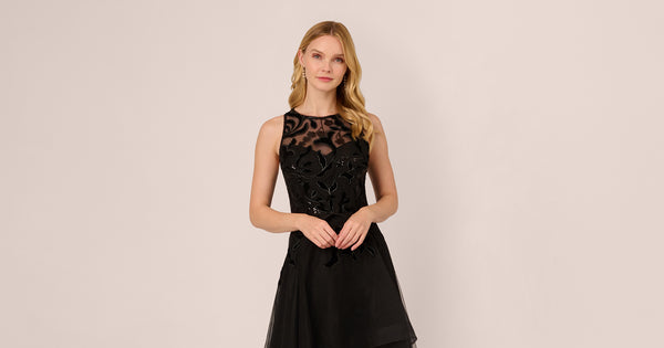 Tulle Halter Party Dress With Velvet Accents In Black Adrianna