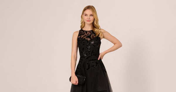 Tulle Halter Party Dress With Velvet Accents In Black Adrianna Papell