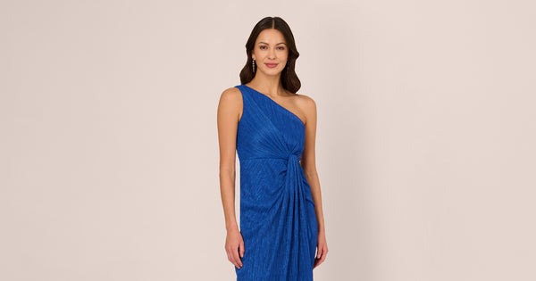 Stardust Pleated Draped One Shoulder Gown In Brilliant Sapphire