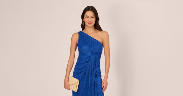 Stardust Pleated Draped One Shoulder Gown In Brilliant Sapphire