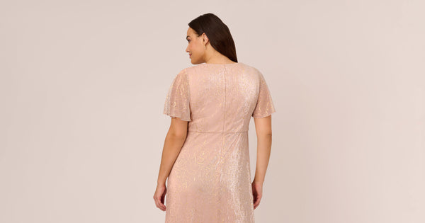 Plus Size Metallic Mesh Draped Gown In Rose Gold