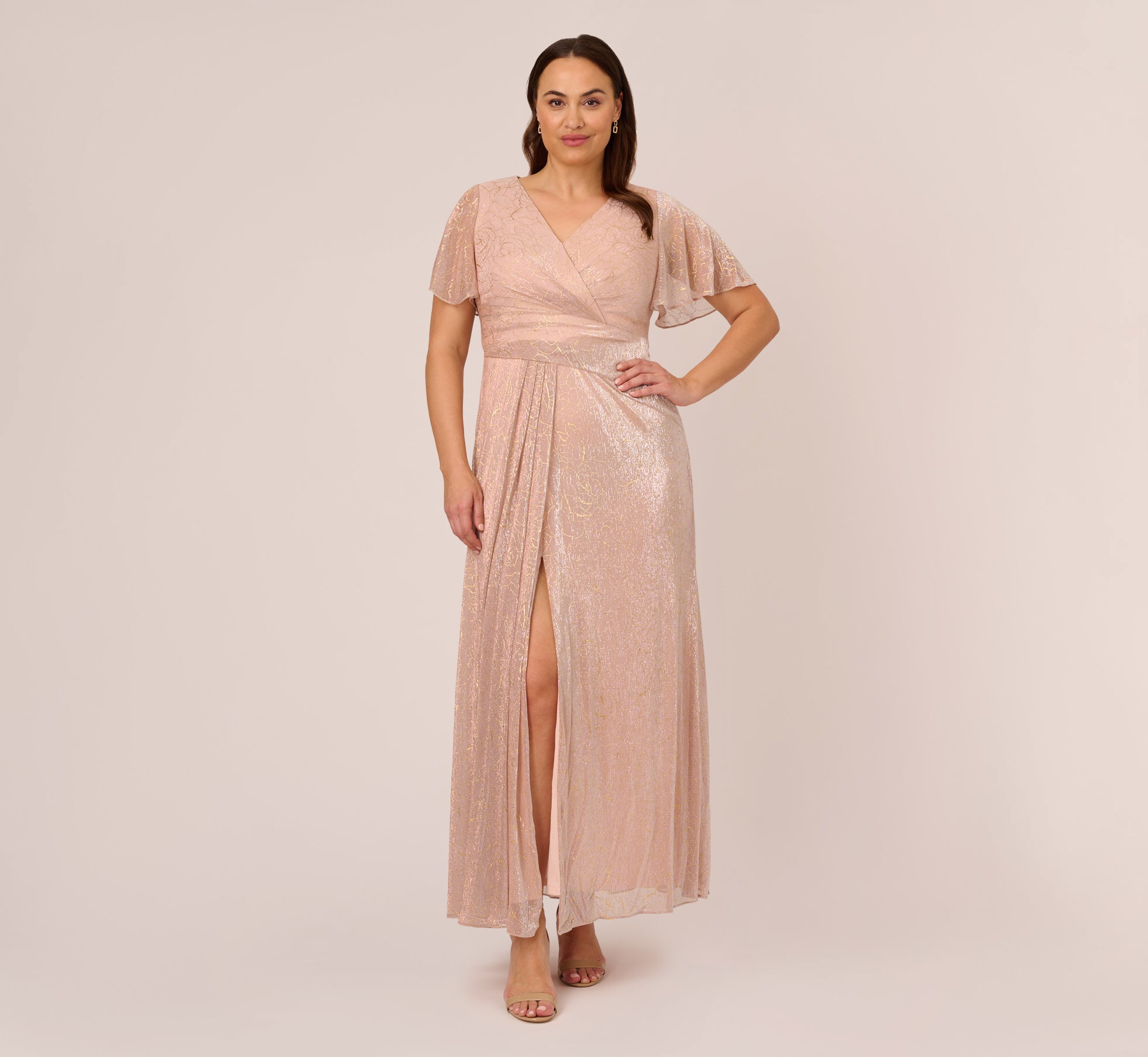 Plus Size Metallic Mesh Draped Gown In Rose Gold Adrianna Papell