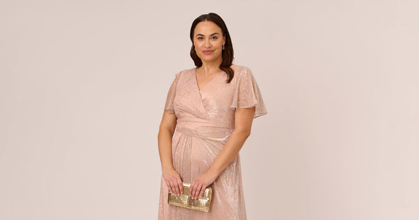 Plus Size Metallic Mesh Draped Gown In Rose Gold Adrianna Papell