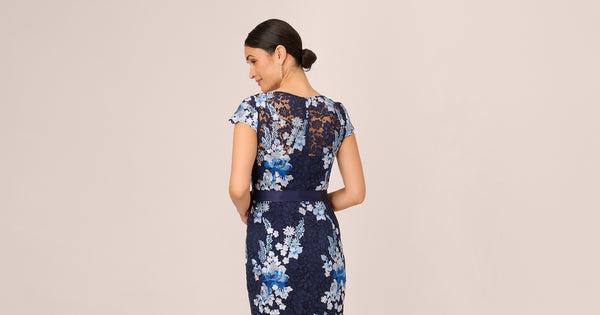 Floral Embroidered Lace Gown In Navy Multi