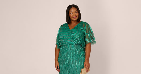 Plus Size Hand Beaded Illusion Long Column Blouson Gown In Jungle