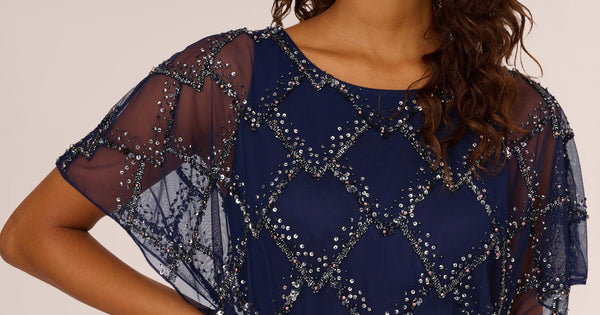 Hand Beaded Blouson Long Gown With Flutter Sleeves In Light Navy