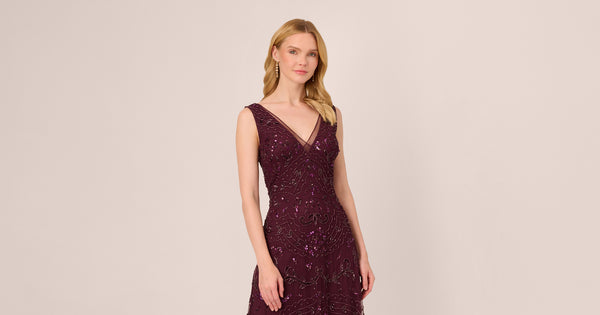 Hand Beaded Ankle Length Dress In Night Plum Adrianna Papell