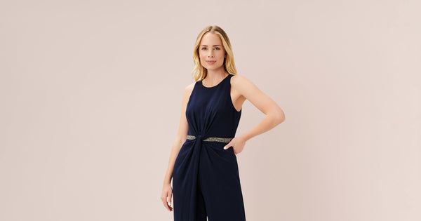 Crystal Trimmed Crepe Jumpsuit In Midnight Adrianna Papell