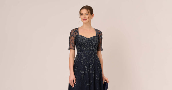 Beaded Midi Dress With Sheer Short Sleeves In Midnight