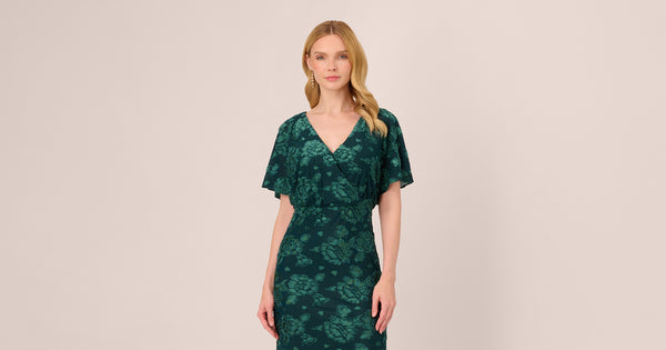 A-Line V Neck Dark Green Burnout Velvet Floor Length Dress with Short Sleeve