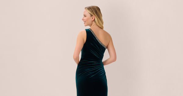 Velvet One Shoulder Gown With Beaded Neckline In Hunter Adrianna