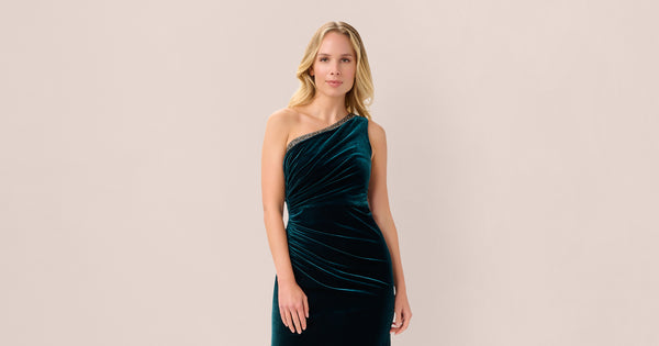 Velvet One Shoulder Gown With Beaded Neckline In Hunter