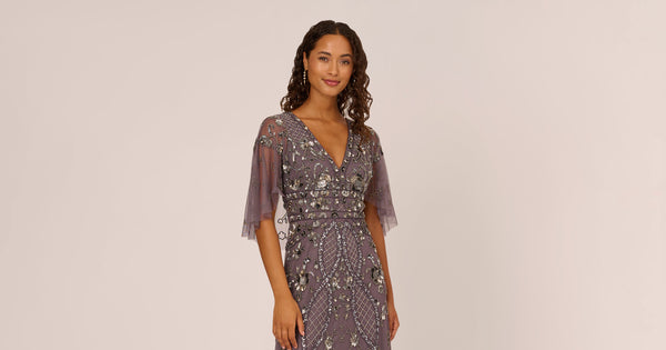 Sequin Beaded Gown With Sheer Cape Sleeves In Moonscape