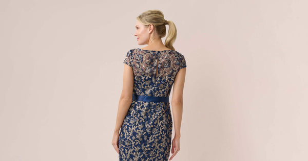 3D Metallic Floral Embroidered Mesh Column Gown In Navy Rosegold